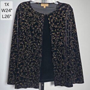 Notations Woman Plus Size 1X Top Black Velvet Gold Glitter Jacket Mock 2-Piece
